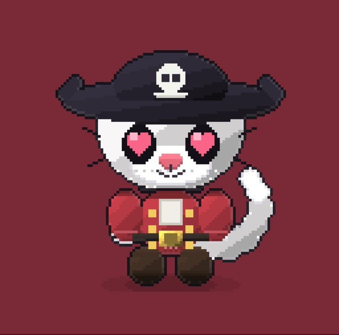 A pixel art illustration of a white cat wearing a black pirate hat with a white skull, heart-shaped pink eyes, a red pirate coat, brown boots, and a curly white tail, against a dark red background.