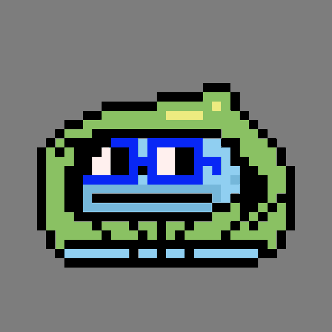 A pixel art illustration of a green frog character wearing blue square glasses against a gray background.