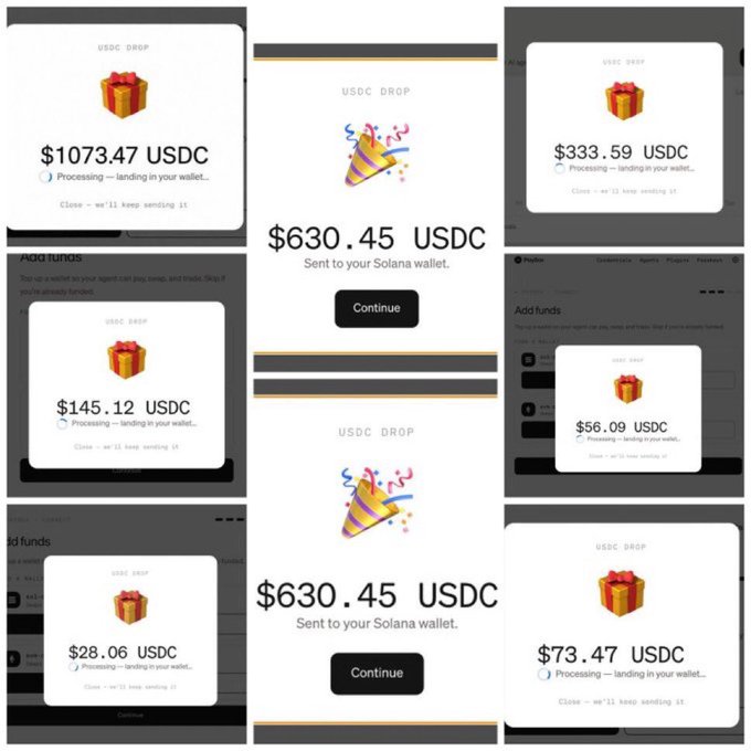A collage of screenshots displays USDC cryptocurrency airdrop notifications with varying dollar amounts ($1073.47, $333.59, $630.45, $145.12, $56.09, $28.06, $73.47).