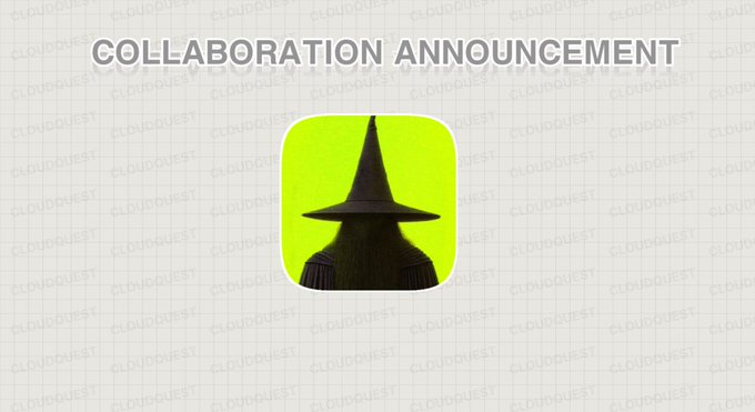 The image features a "COLLABORATION ANNOUNCEMENT" banner with a green app icon displaying a dark, pointed wizard hat silhouette, symbolizing the World Wise Wizards NFT collaboration with Cloud Quest.