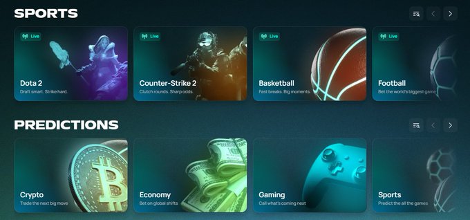 A gaming platform interface displaying SPORTS categories (Dota 2, Counter-Strike 2, Basketball, Football) and PREDICTIONS categories (Crypto, Economy, Gaming, Sports) with live event cards.