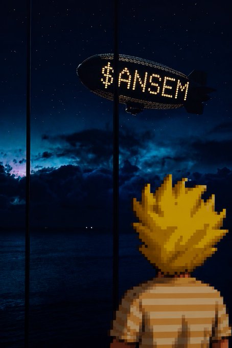A pixelated figure with spiky blonde hair stands gazing out at a night sky where a blimp displays the text "$ANSEM" in lights, illustrating the creator's reflection on missing the $ANSEM trading opportunity while focusing on content creation.
