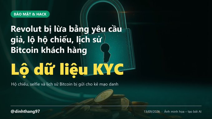A Vietnamese cybersecurity article titled "Revolut bị lừa bằng yêu cầu giả, lộ hộ chiếu, lịch sử Bitcoin khách hàng" and "Lộ dữ liệu KYC", describing a KYC data leak at Revolut, dated 13/09/2026.
