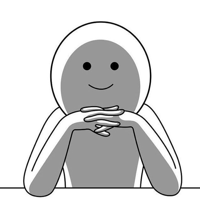 A simple cartoon drawing of a gray hooded figure with dot eyes and a smile, resting its chin on crossed hands.