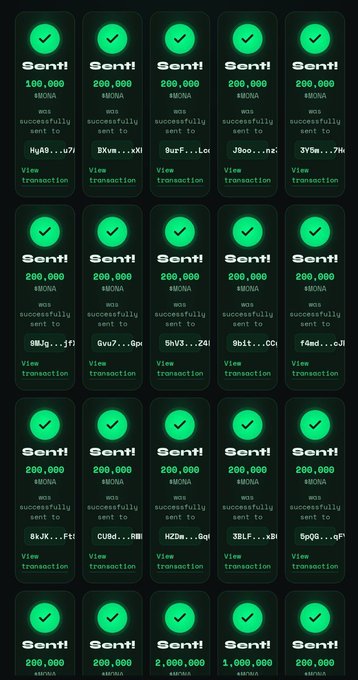 The image shows a grid of identical-looking transaction confirmation screenshots claiming 200,000 $MONA (with one showing 1,000,000 and another 2,000,000) "Sent!" to different Solana wallet addresses (truncated as MwA8...u7j, BKuw...eXk, BuSF...Lee, J9bo...nz2, etc.), likely fabricated to serve as fake proof of payments to bait users into sharing their Solana addresses as instructed in the scam post promising 333 $SOL.