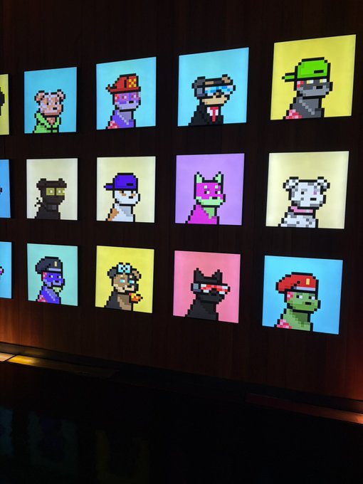 A display wall showcasing pixel art character portraits, featuring various animals like bears, cats, dogs, and frogs with colorful backgrounds.