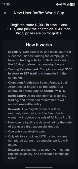 A mobile app screen displaying 'New User Raffle: World Cup' promotion with details about eligibility, trading requirements, and AirPods Pro 3 prizes.