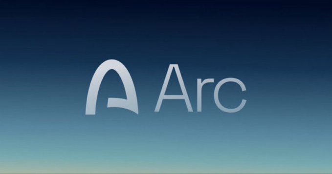 The Arc browser logo (a stylized 'A' forming an arch) with the word 'Arc' displayed against a blue gradient background.