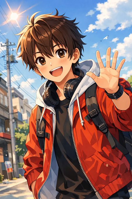 An anime-style illustration of a smiling boy with brown hair, wearing an orange jacket over a black shirt with headphones around his neck, waving enthusiastically on a sunny street.