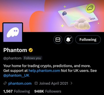 A Twitter profile for 'Phantom' (@phantom) with a ghost logo shows 948K Followers, describes itself as 'Your home for trading crypto, predictions, and more', and includes help.phantom.com.