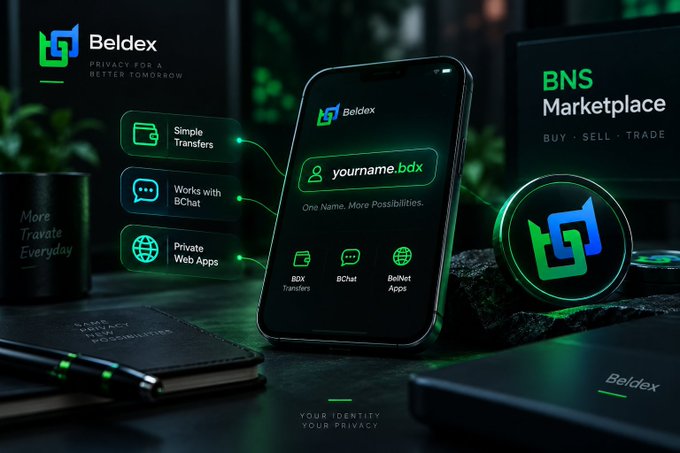 Promotional graphic for Beldex (BDX) displaying features like "Simple Transfers," "Works with BChat," and "Private Web Apps" on a smartphone interface, with text reading "YOUR IDENTITY YOUR PRIVACY."