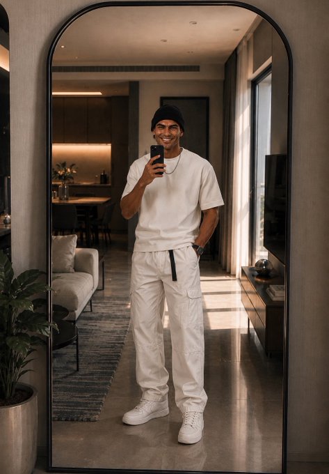 A man wearing an all-white outfit (t-shirt and cargo pants) with a black beanie takes a mirror selfie in a modern, warmly-lit interior with a large arched mirror.