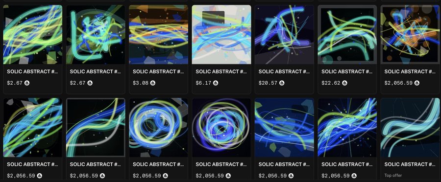 The image features a long horizontal row of twelve different images, each showcasing abstract patterns with varying designs. The first image depicts a unique blend of blue and green colors that resembles waves or curls. The next few images follow similar color schemes, adding more complexity to the overall scene. Additionally, some images feature shapes in shades of yellow, orange, and white, which further enhance their abstract nature. At the top left corner, there's an "unsolvent" image with a mix of green and blue tones. On the lower right side of the image, another "solvent" image is present. The central position of these images emphasizes the diversity of abstract patterns across the entire row.