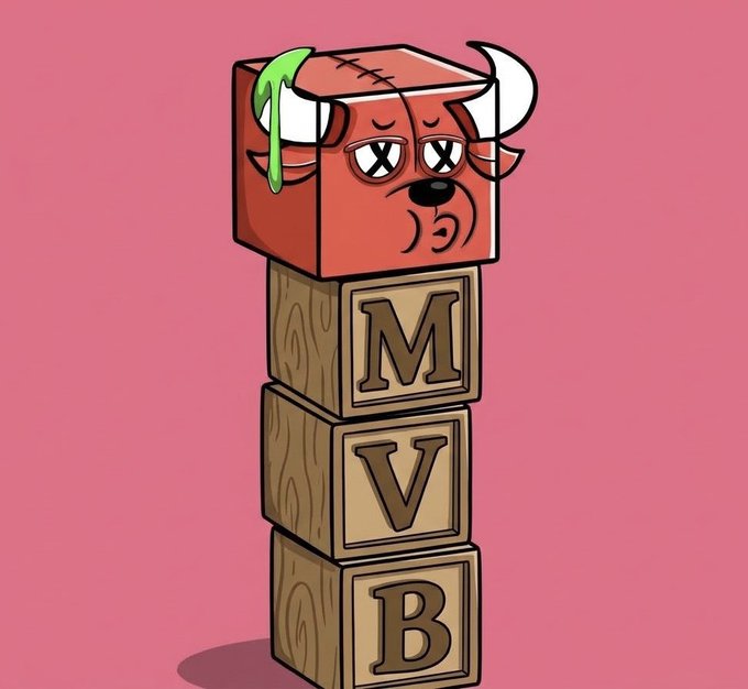 A stylized cartoon illustration of a stack of three wooden alphabet blocks spelling 'MVB', topped with a red block featuring a distressed dog-like face with 'X' eyes and white horns, set against a solid pink background.