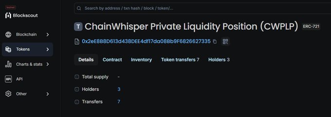 Blockscout blockchain explorer page showing ERC-721 token 'ChainWhisper Private Liquidity Position (CWPLP)' with details including 7 token transfers and 3 holders.