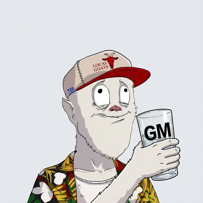 A cartoon character wearing a 'LOCAL GOATS' cap and floral shirt, holding a glass labeled 'GM' (Good Morning).