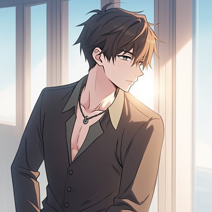 The image features a young man wearing a black suit, standing near a window with his hands at his sides. The background of the image shows a blue sky outside the window. There are no texts or other objects present in the scene.