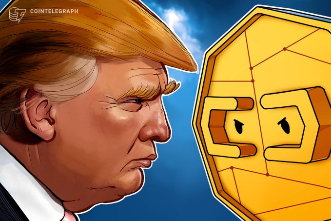A Cointelegraph illustration showing Donald Trump in profile facing a large golden coin with a cartoonish face on it.