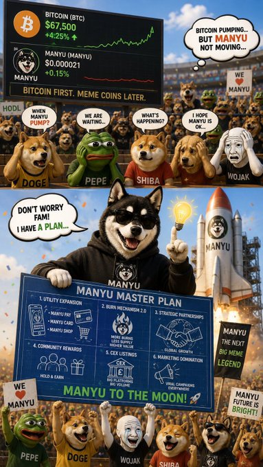 A meme-style image featuring DOGE, PEPE, SHIBA, and WOJAK characters reacting to crypto prices, with text about Bitcoin ($67,500, +4.25%) and MANYU ($0.000021, +0.15%), and a MANYU Master Plan poster promising 'MANYU TO THE MOON!'