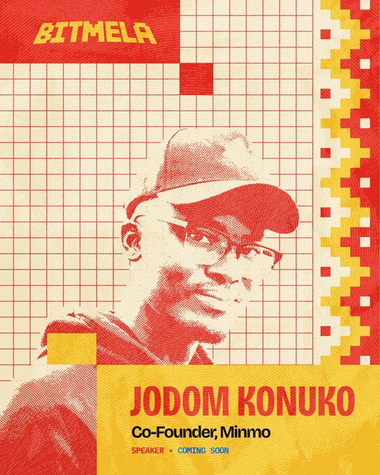 Conference promotional graphic for BITMELA featuring Jodom Konuko, Co-Founder of Minmo, labeled as a speaker (coming soon) in red and yellow geometric design.
