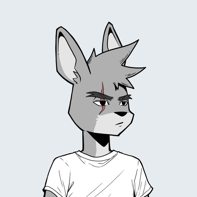 An anthropomorphic wolf character with a scar across its eye, wearing a white t-shirt, is depicted in a stoic expression. The image serves as promotional artwork for the "Rob" NFT collection mint on OpenSea.