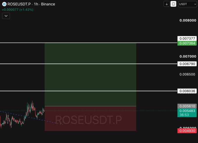 A 1-hour Binance candlestick chart for ROSEUSDT.P shows the price currently at 0.005483, with a highlighted green target zone between 0.006036 and 0.007364 indicating potential upside, and a red lower zone marking the entry area below 0.005483—aligning with the post's call for $ROSE as a "next top gainer" awaiting an entry zone.