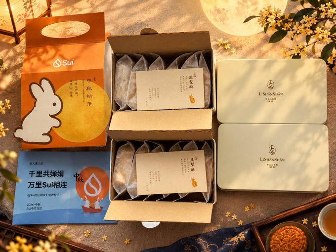 A promotional display of Mid-Autumn Festival mooncakes featuring Sui and LiShanShan branding, with rabbit-themed packaging and Chinese text promoting the collaboration.