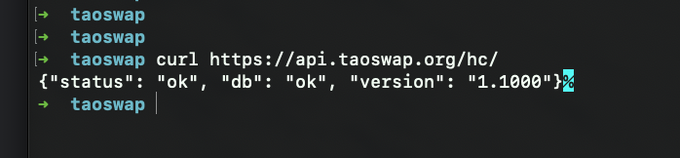 A terminal window shows a successful API call: `taoswap curl https://api.taoswap.org/hc/` returning `{"status": "ok", "db": "ok", "version": "1.1000"}`.