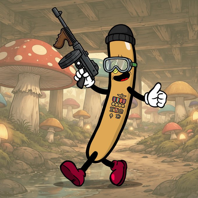 A cartoon banana character wearing a black beanie, military medals, and red shoes runs through a mushroom forest while holding a submachine gun and giving a thumbs up.