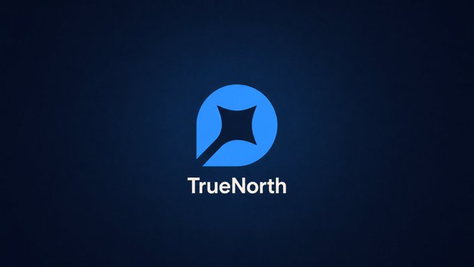 A blue logo featuring a stylized speech bubble or location pin with an 'X' inside, accompanied by the text 'TrueNorth' on a dark blue background.