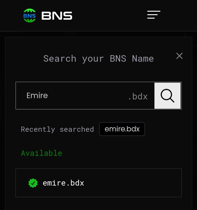 A BNS (BitName Service) search interface showing 'emire' being searched, with the .bdx domain extension available.