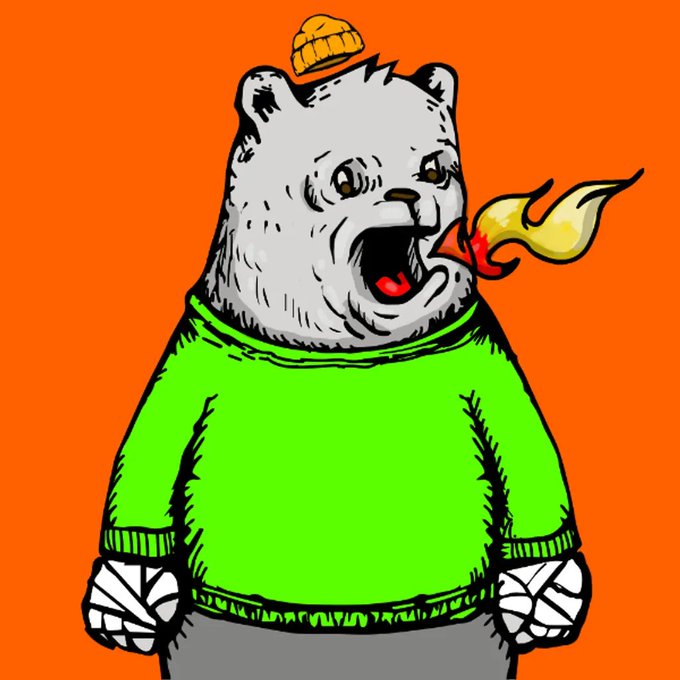 A cartoon illustration of an angry white bear wearing a green sweater and a small beanie, breathing fire against an orange background.