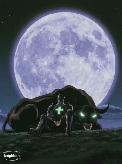 Dark fantasy artwork showing a knight with a glowing green cross on his back sitting beside a large bull with glowing green eyes, set against a massive moon, signed 'knightcore'.