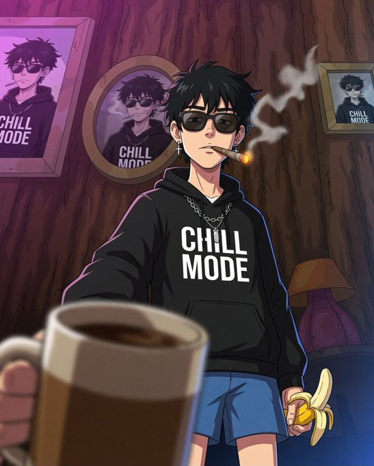 An anime-style illustration of a young man with messy black hair, sunglasses, and a "CHILL MODE" hoodie smoking a cigar while holding a coffee mug and a banana.