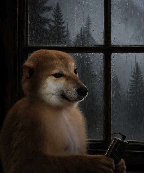 A photorealistic image of a Shiba Inu dog holding what appears to be a gun, standing in front of a rain-streaked window with a dark, forested landscape outside.
