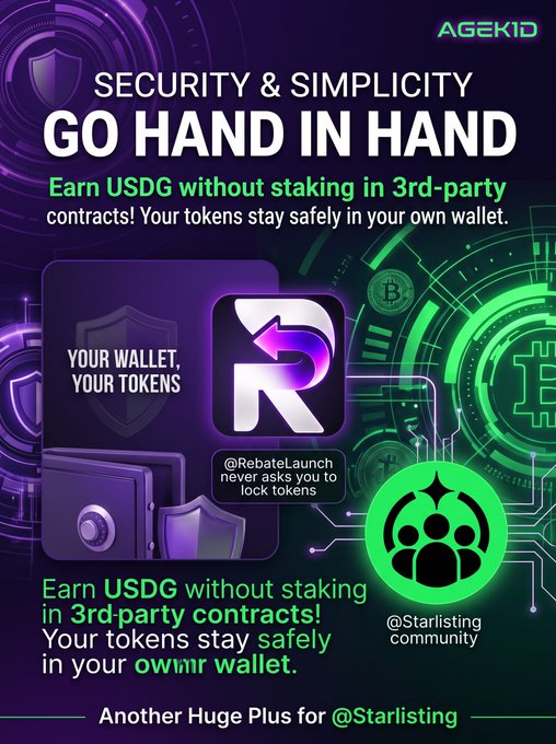 A promotional graphic for AGEKID cryptocurrency featuring 'Security & Simplicity Go Hand In Hand', advertising earning USDG without staking in 3rd-party contracts, mentioning @RebateLaunch and @Starlisting community.