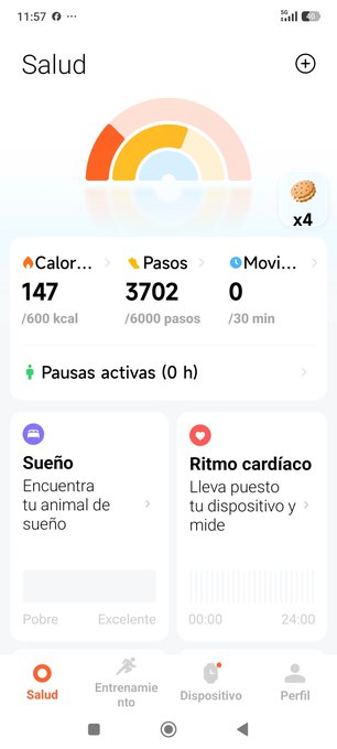 A mobile health dashboard in Spanish ("Salud") showing metrics like 147 calories, 3702 steps, and 0 movement minutes, along with sections for sleep ("Sueño") and heart rate ("Ritmo cardíaco").