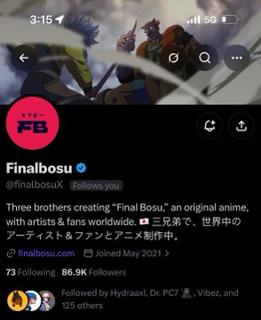A mobile screenshot of the Twitter/X profile for Finalbosu (@finalbosuX), described as 'Three brothers creating Final Bosu, an original anime,' with 73 following and 86.9K followers.