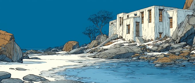 An illustration of a white two-story building on a rocky coastal landscape with a sandy beach and blue sky.