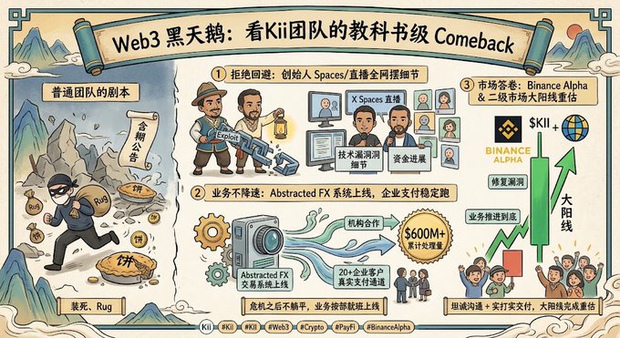 The image is an illustrated infographic titled "Web3 黑天鹅：看Kii团队的教科书级 Comeback" (Web3 Black Swan: A Textbook Comeback by the Kii Team), comparing ordinary teams that "eat empty pies and rug pull" (left) versus Kii's response to a security exploit, showing their no-excuses transparent communication via Spaces/livestream, uninterrupted business via the Abstracted FX system line, and market response with Binance Alpha listing and a breakout chart pattern (SKII+ ticker). The post's message about evaluating teams during black swan events aligns with the infographic's portrayal of Kii's transparent, business-continuing recovery as a "textbook" example of crisis management.