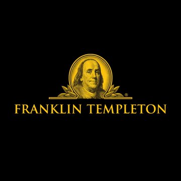 A logo of Franklin Templeton appears in a bold yellow color against a black background. The word " Franklin Templeton" can be seen prominently on the top, while the name " Franklin Templeton" is written below. A gold-colored image of a person's face with the name " Franklin Templeton" underneath adds an extra layer to the logo. Below this central design, there is a description about two ETFs (Exchange Traded Funds) named Franklin Templeton that automatically reinvest their dividends into Bitcoin at a 95/5 equity split and capped at 20% exposure.