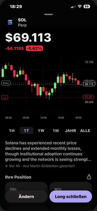 The image shows an iPhone screen displaying a stock chart with red and green lines representing the price of a company's shares over time, along with text providing information about the stock. The phone is positioned at a 45-degree angle, making it easy for users to view the details on the screen.