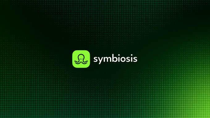 A sleek dark green background features the "symbiosis" logo, with a stylized octopus icon inside a bright green rounded square, celebrating the project's 5-year anniversary rebranding.
