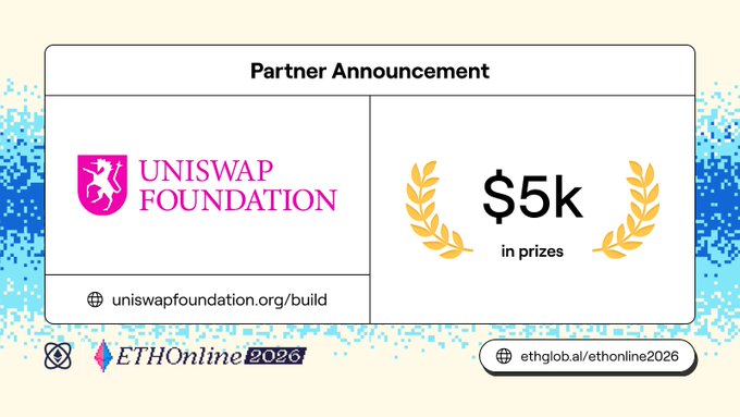 A partner announcement graphic featuring the Uniswap Foundation logo and 'uniswapfoundation.org/build' alongside '$5k in prizes' for ETHOnline 2020, with 'ethglobal.ai/ethonline2020' listed at the bottom.