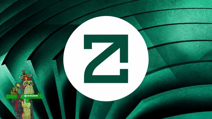 A graphic featuring a large stylized 'Z' logo in a white circle against a green swirling background, with a small cartoon character in the bottom left corner labeled '@zenkaich', referencing ZCash.