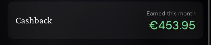 The image displays a cashback widget showing "Earned this month: €453.95," which the post suggests the user wants to automatically reinvest into ETH via ether.fi.