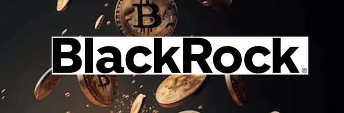 A banner for 'BlackRock' displayed against a background of floating Bitcoin coins.