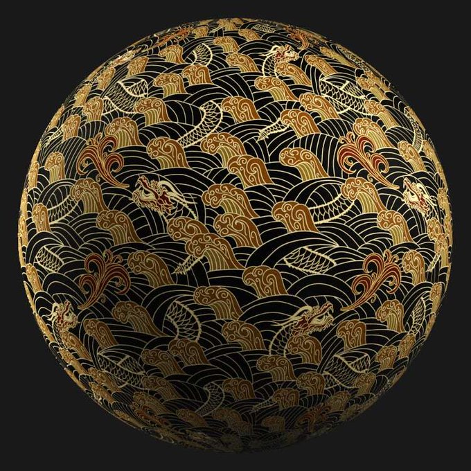 A sphere decorated with intricate Japanese-style art featuring golden and white waves with dragon and fish motifs against a black background.