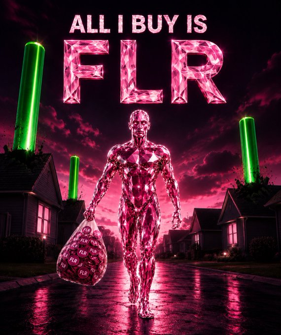 Surreal pink-toned digital artwork with the text 'ALL I BUY IS FLR' showing a pink crystalline humanoid figure carrying a bag of FLR tokens through a suburban street with green glowing pillars.