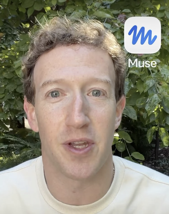 A close-up selfie of Mark Zuckerberg outdoors with green foliage behind him, featuring a 'Muse' app logo in the upper right corner.